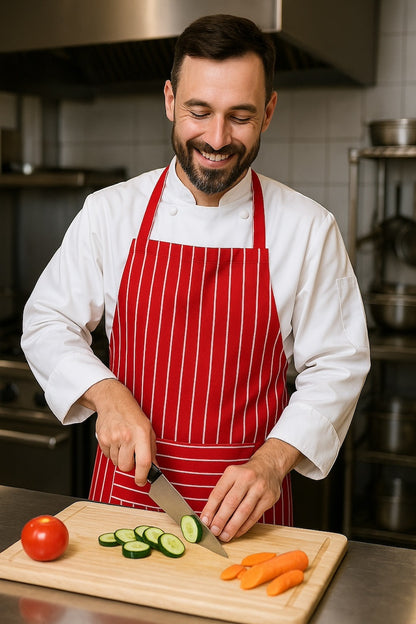 Man draagt rood wit gestreepte keukenschort - heren schort met lange taillebanden voor horeca - Beterkatoen