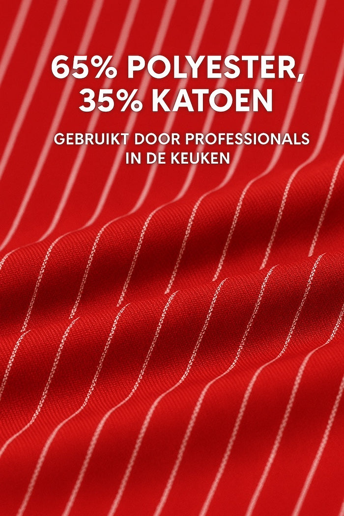 Detail van de stof van rood wit gestreepte keukenschort - mix van katoen en polyester, stevig en ademend - Beterkatoen