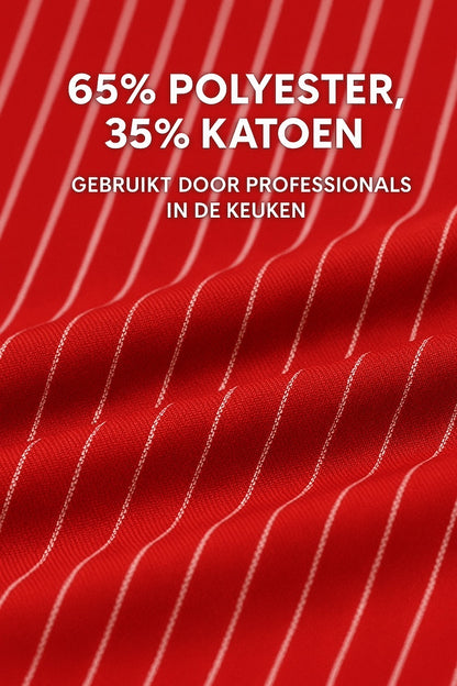 Detail van de stof van rood wit gestreepte keukenschort - mix van katoen en polyester, stevig en ademend - Beterkatoen