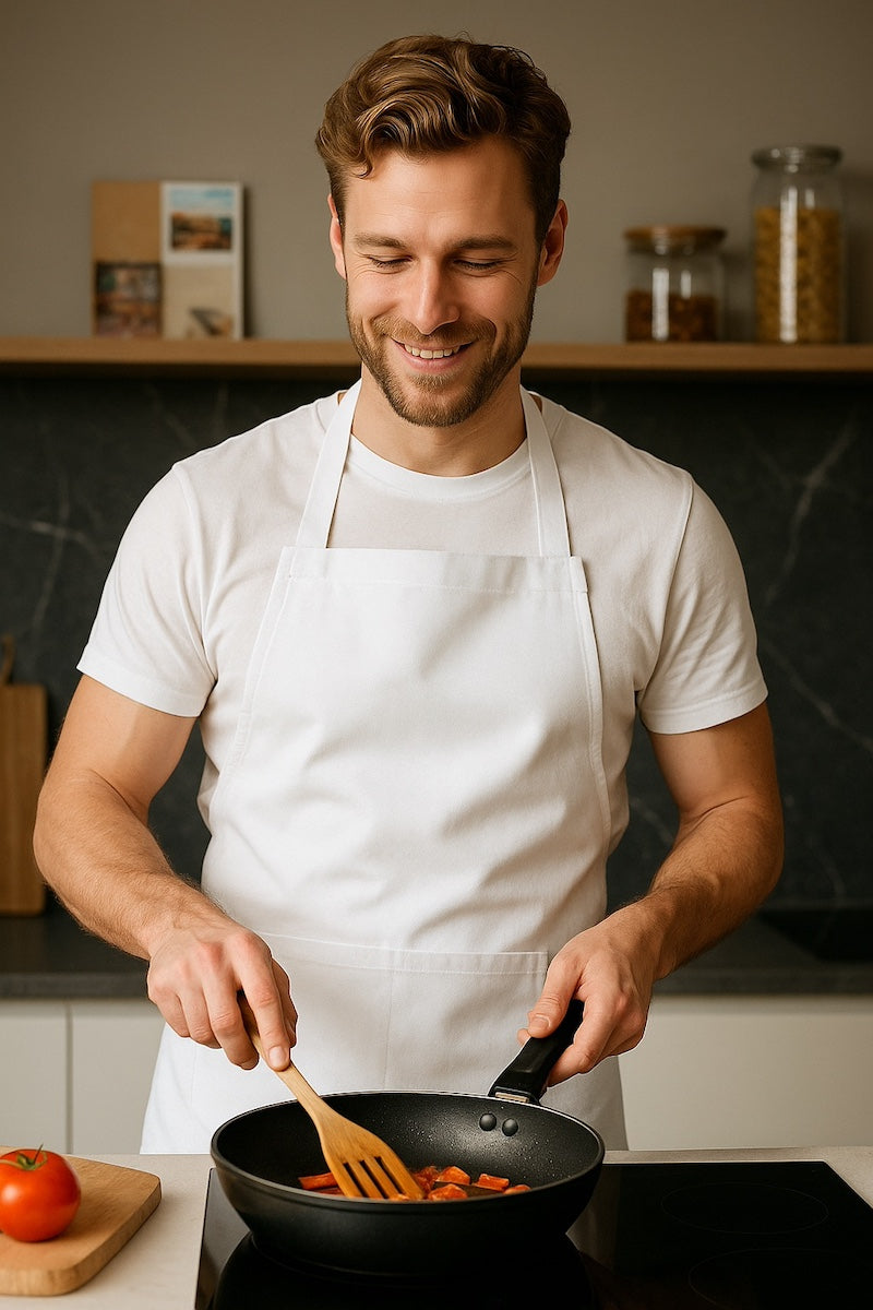 Man draagt witte keukenschort - heren schort met lange taillebanden voor horeca - Beterkatoen
