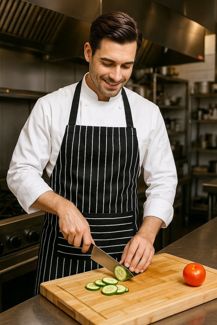 Man draagt zwart wit gestreepte keukenschort - heren schort met lange taillebanden voor horeca - Beterkatoen