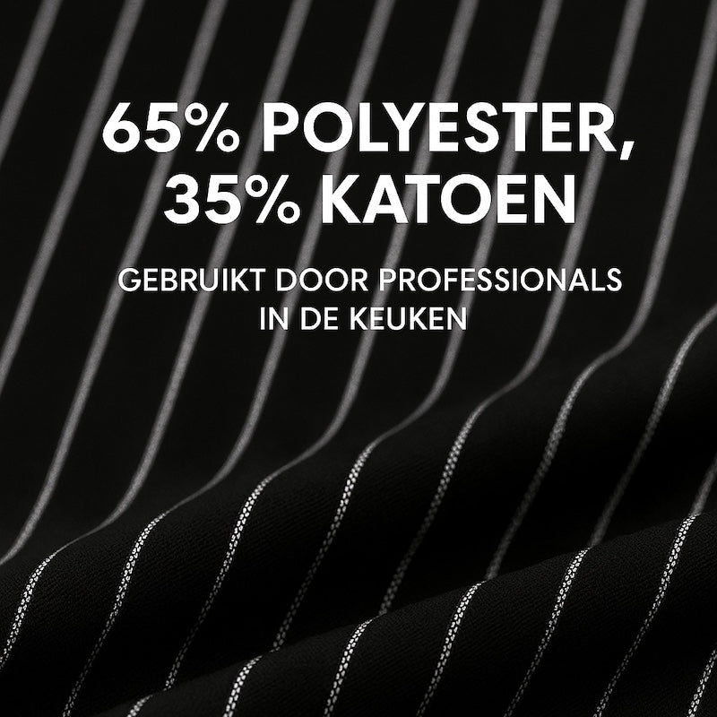 Detail van de stof van zwart wit gestreepte keukenschort - mix van katoen en polyester, stevig en ademend - Beterkatoen