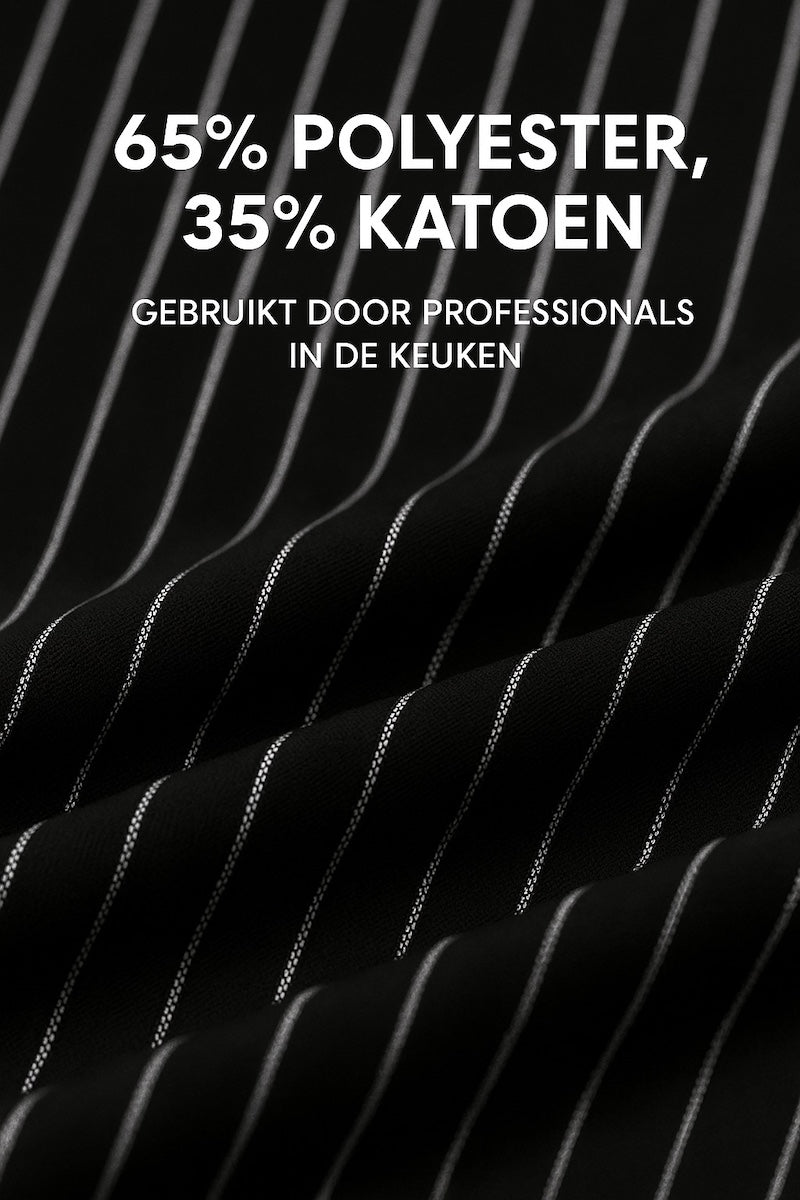 Detail van de stof van zwart wit gestreepte keukenschort - mix van katoen en polyester, stevig en ademend - Beterkatoen