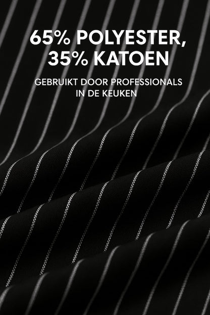 Detail van de stof van zwart wit gestreepte keukenschort - mix van katoen en polyester, stevig en ademend - Beterkatoen