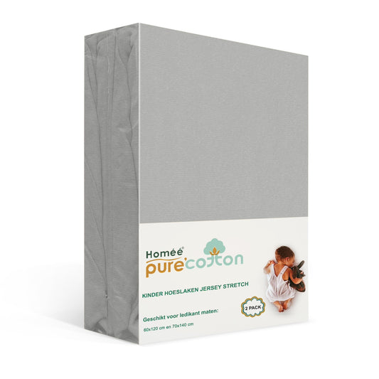 Kinderhoeslaken jersey 2-pack 60x120 en 70x140 grijs – zachte rekbare stof – geschikt voor ledikant – Beterkatoen