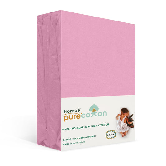 Kinderhoeslaken jersey 2-pack 60x120 en 70x140 roze – zachte rekbare stof – geschikt voor ledikant – Beterkatoen