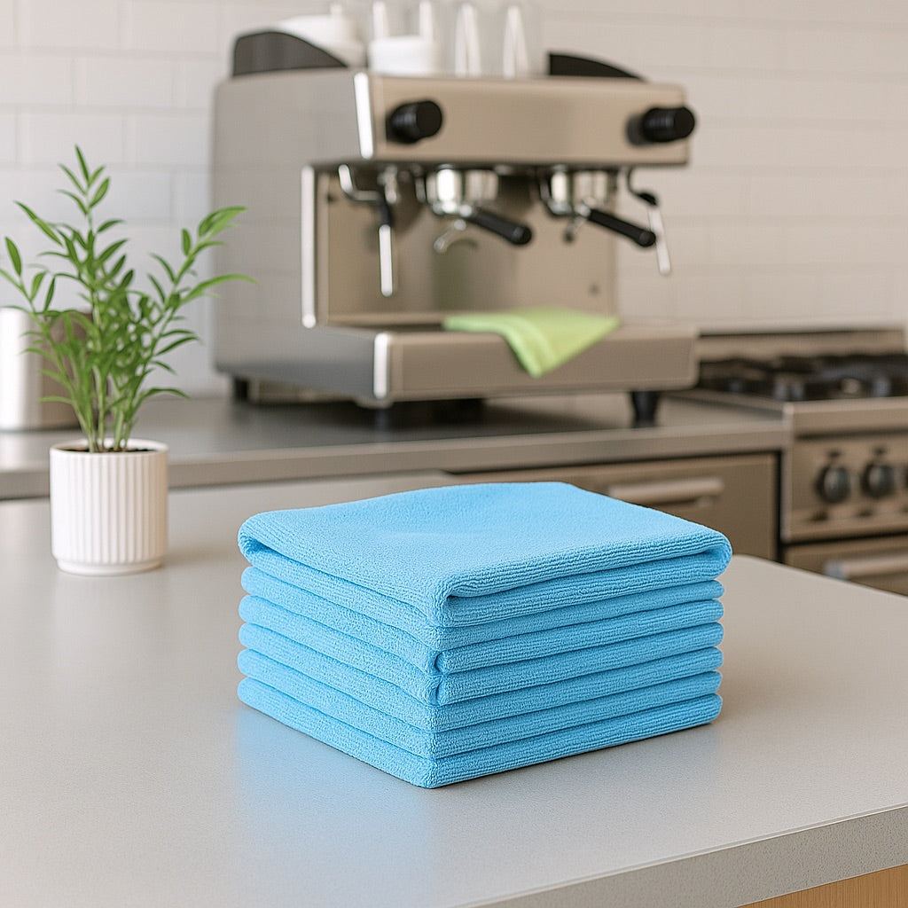 Sfeerbeeld van blauwe microvezeldoekjes in de keuken - ideaal voor afnemen, poetsen en schoonmaken - Beterkatoen
