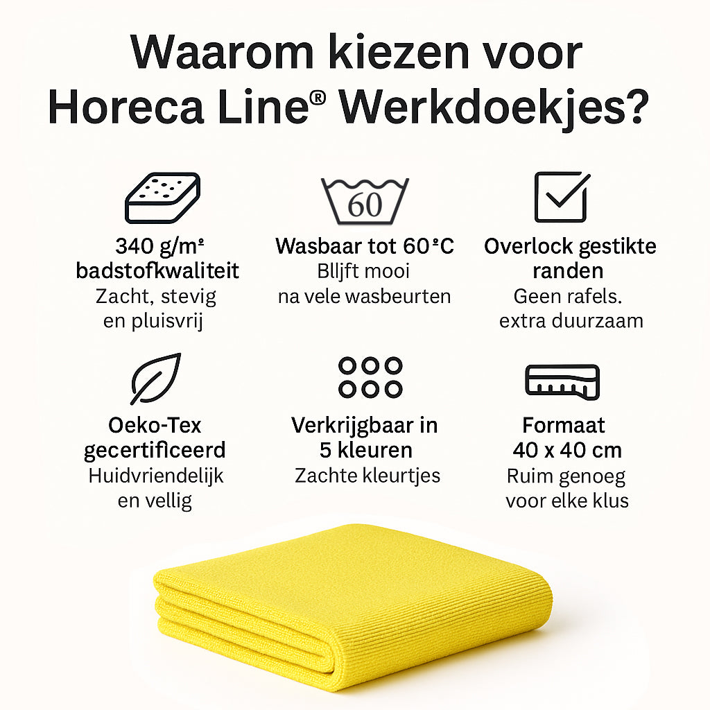 Eigenschappen van microvezeldoekjes geel - wasbaar tot 60°C, duurzame horeca kwaliteit met lange levensduur - Beterkatoen