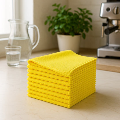 Sfeerbeeld van gele microvezeldoekjes in de keuken - ideaal voor afnemen, poetsen en schoonmaken - Beterkatoen