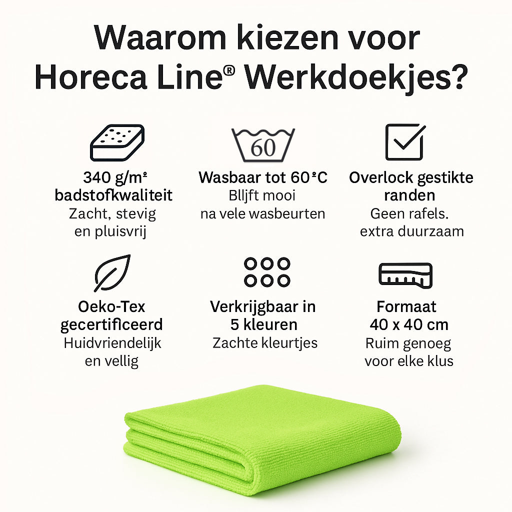 Eigenschappen van microvezeldoekjes groen - wasbaar tot 60°C, duurzame horeca kwaliteit met lange levensduur - Beterkatoen