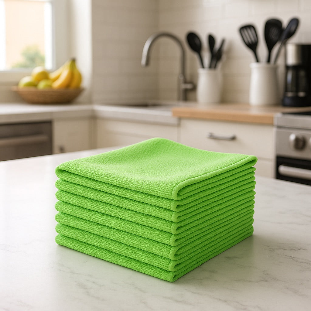 Sfeerbeeld van groene microvezeldoekjes in de keuken - ideaal voor afnemen, poetsen en schoonmaken - Beterkatoen