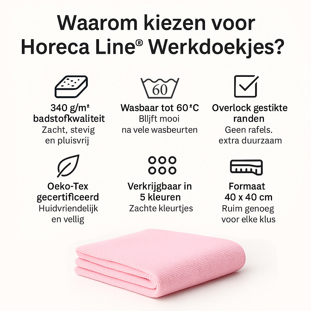 Eigenschappen van microvezeldoekjes roze - wasbaar tot 60°C, duurzame horeca kwaliteit met lange levensduur - Beterkatoen