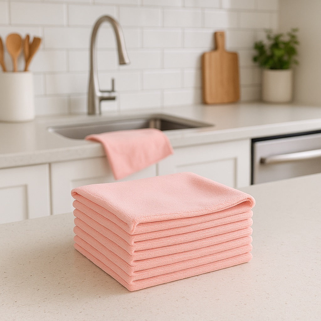 Sfeerbeeld van roze microvezeldoekjes in de keuken - ideaal voor afnemen, poetsen en schoonmaken - Beterkatoen