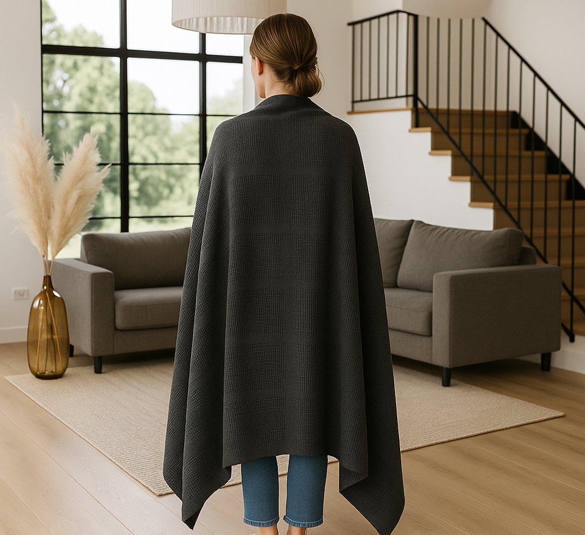 Sfeerbeeld van katoenen plaid antraciet - zachte plaid om de schouders in woonkamer - Beterkatoen