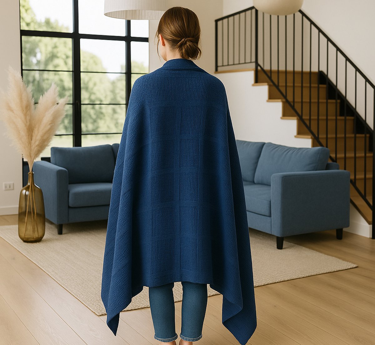 Sfeerbeeld van katoenen plaid blauw - zachte plaid om de schouders in woonkamer - Beterkatoen