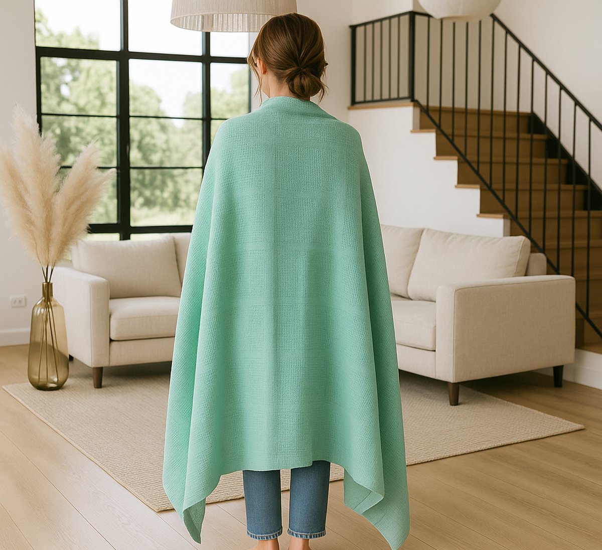 Sfeerbeeld van katoenen plaid mint groen - zachte plaid om de schouders in woonkamer - Beterkatoen