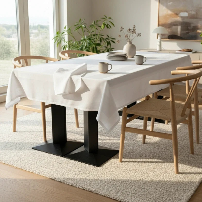 Tafelkleed 100x100 cm - 100% katoen - Damast - Satijnband - Wit