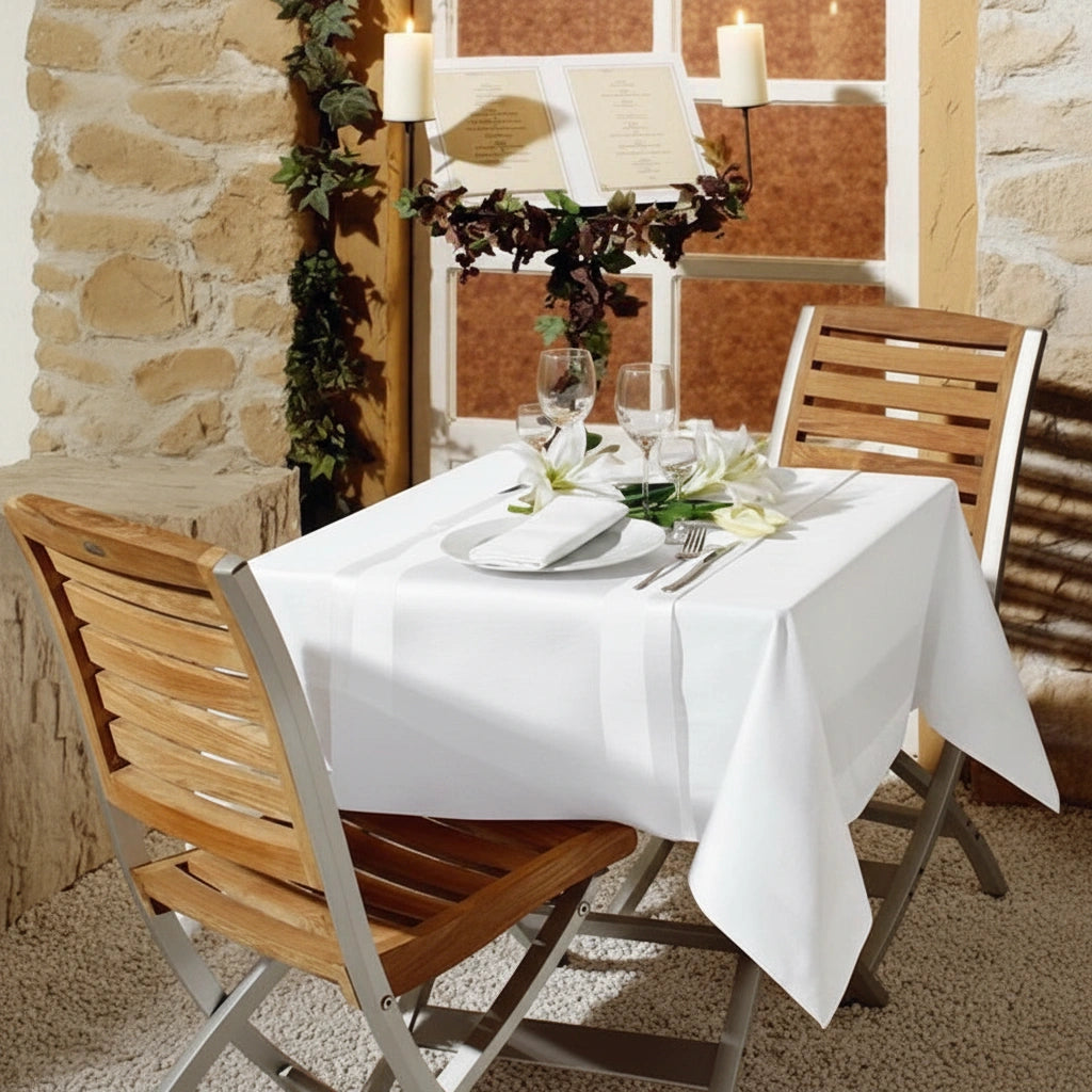 Tafelkleed 140x140 cm - 100% Katoen - Damast met Satijnband - Wit