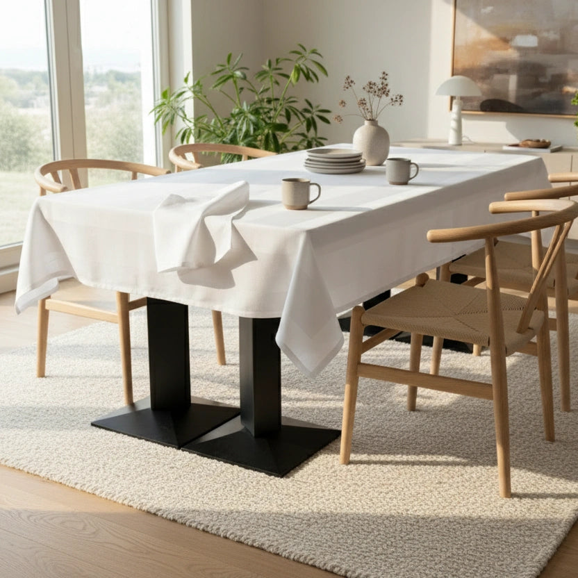 Tafelkleed 200x200 cm - 100% Katoen - Damast met Satijnband - Wit