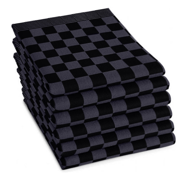 Theedoeken set 65x65 cm zwart antraciet - 6 stuks horeca kwaliteit met klassiek blokpatroon - Beterkatoen