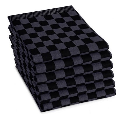 Theedoeken set 65x65 cm zwart antraciet - 6 stuks horeca kwaliteit met klassiek blokpatroon - Beterkatoen